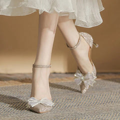 Ingvn  Elegant Silver High Heels Pumps Women Autumn Plus Size 42 Ankle Straps Party Shoes Woman Pointed Toe Bowtie Wedding Shoes