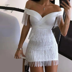 Ingvn - Sexy Sleeveless Bodycon Mini Dress Women White Off Shoulder Tassel Female Short Dresses Summer Party Club Bandage Vestidos