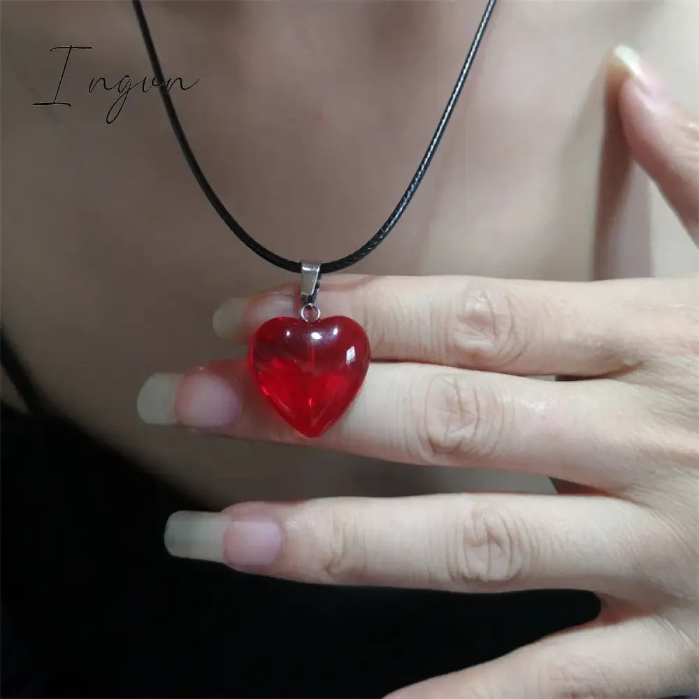 Vintage Star Red Crystal Heart Pendant Leather Rope Chain Necklace For Women Korean Fashion Collar Choker Necklace Y2K Jewelry
