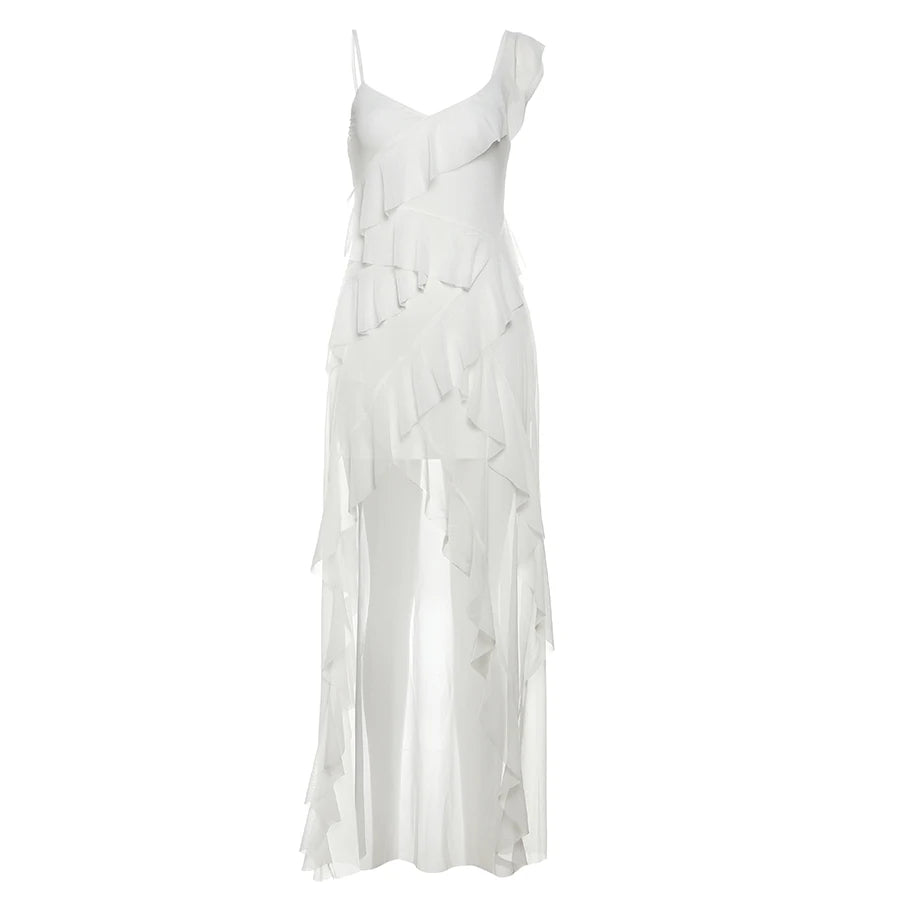 White Sweet Gentle Mature Ruffles Beautiful Summer Street Out Women'S Thin Perspective Tassel Design Long Sling Dress