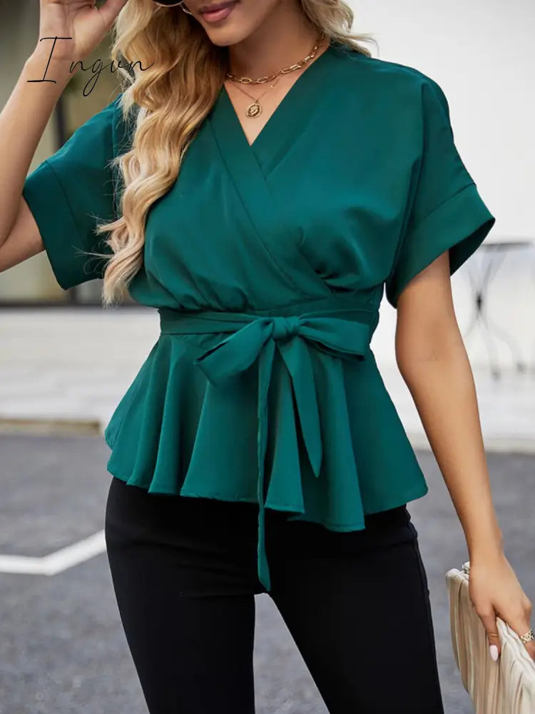 Ingvn - Neck Short Sleeve Front Tie Ruffle Hem Blouse