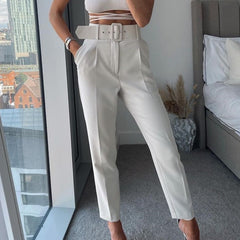 Woman White Career Pant Office Lady Straight Pants Belt Casual Ankle Length Women Trousers Oem Female Suit Set