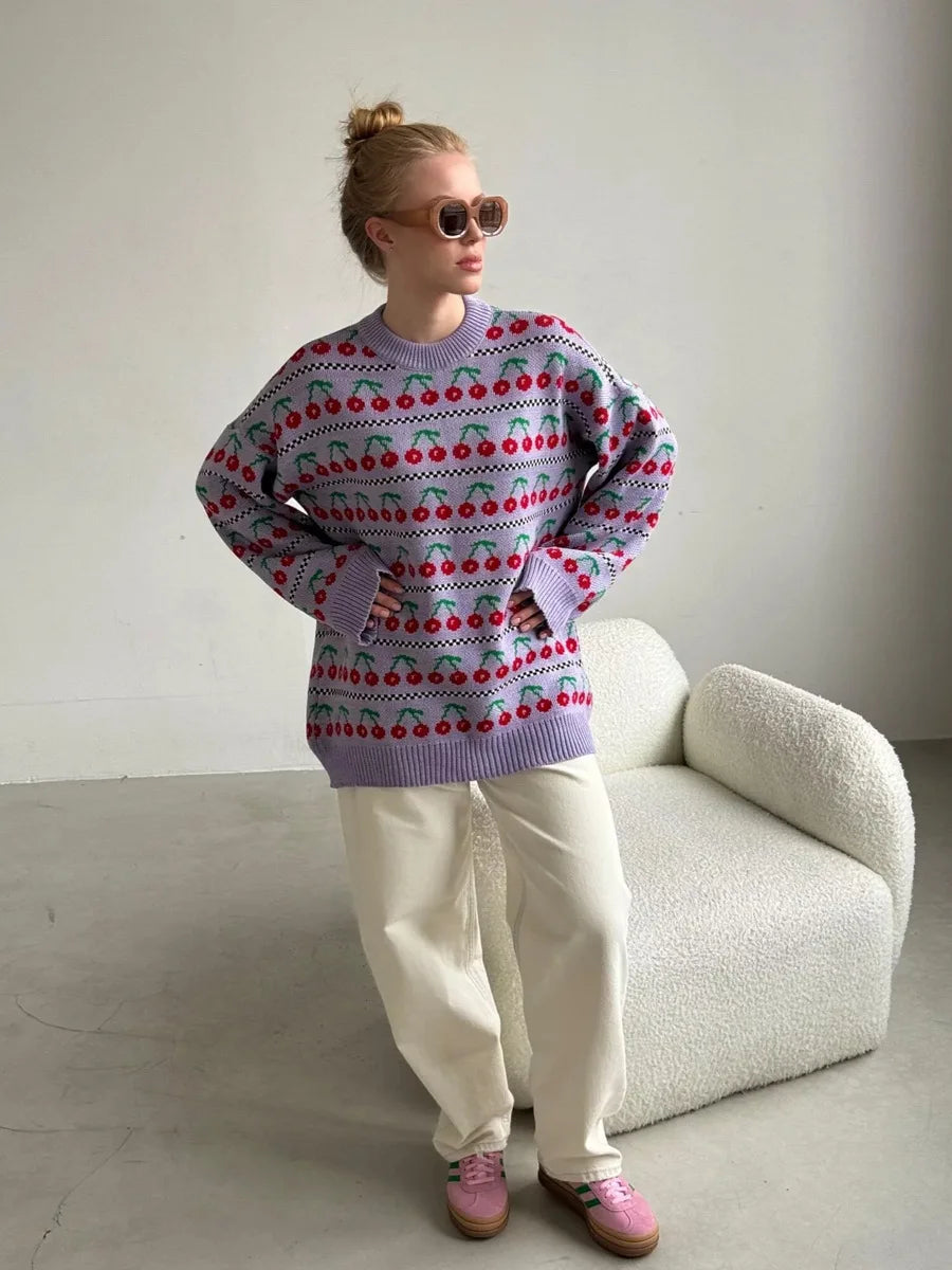 Ingvn  Women's Round Neck Cherry Printed Sweater Autumn Winter New Mid Length Fashion Top Retro Knitted Sweater Pullover
