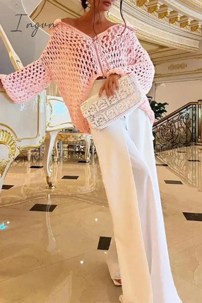 Ingvn - Celebrities Elegant Solid Hollowed Out Turndown Collar Long Sleeve Two Pieces