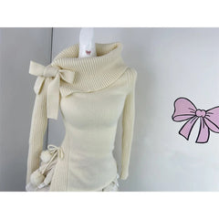 Voguable Autumn Winter Woman Kawaii Sweet 2 Piece Set Off Shoulder Bow Knitted Tops + Mini Cake Skirt Female Korean Fashion Casual Suits