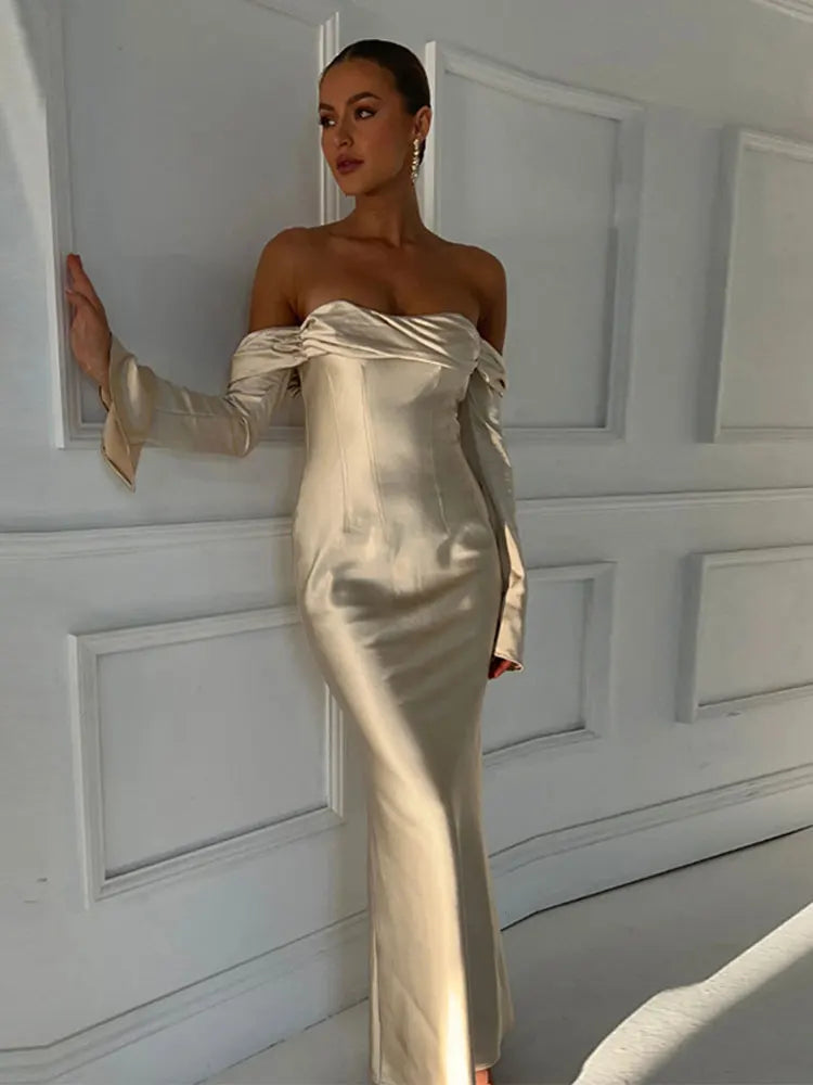 Elegant Women's Backless Satin Autumn Evening Dress Female Flare Long Sleeve Split Maxi Dress Femme Chic Slim Party Dresses
