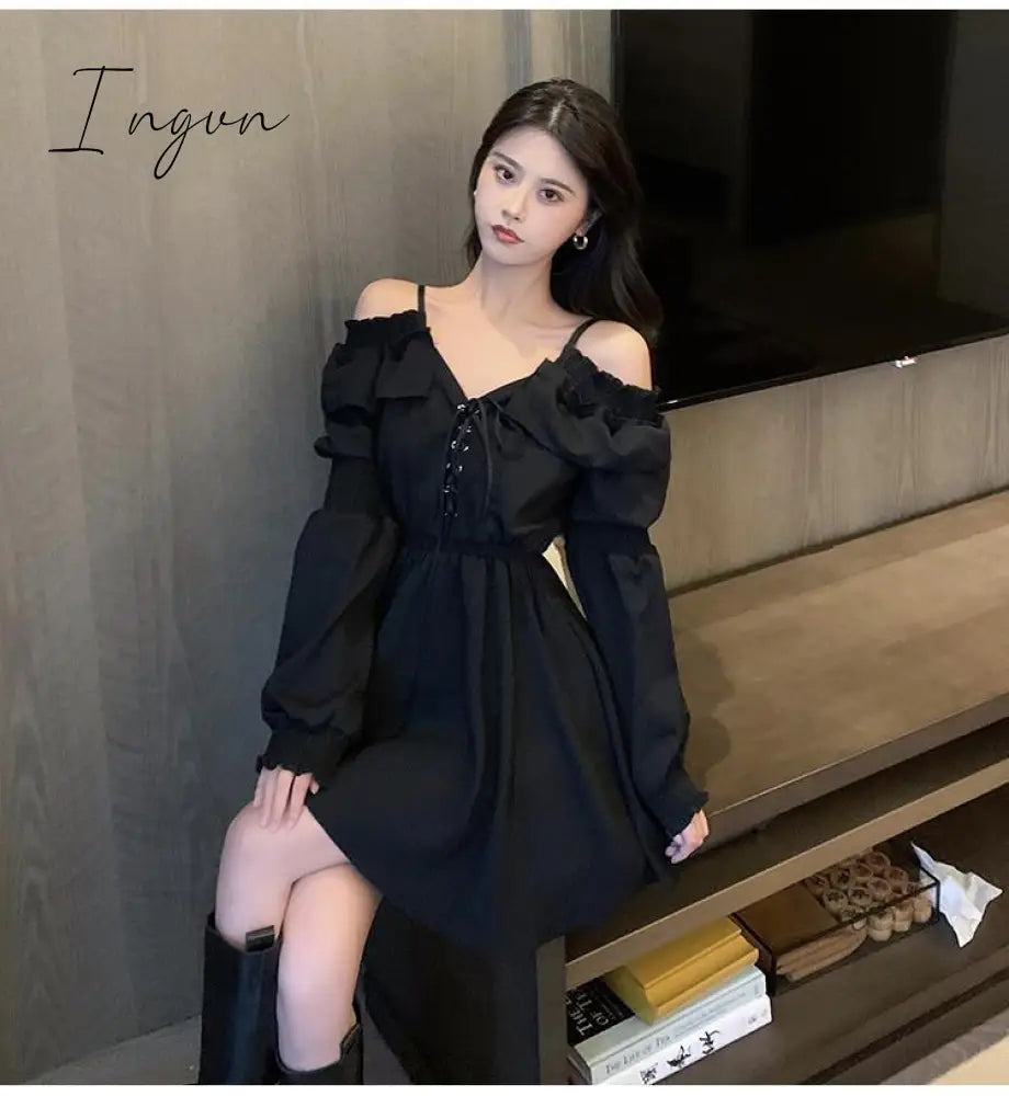 Ingvn - Gothic Black Dress Women Casual Button Lace Evening Party Sexy Mini Dress Female Long Sleeve One-piece Dress Korean Autumn