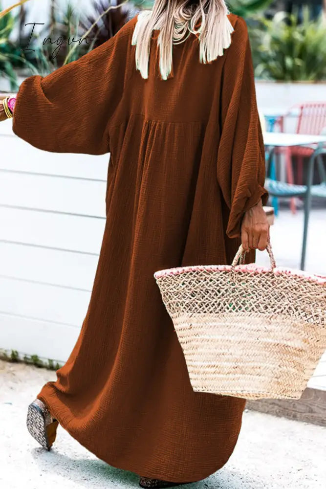 Ingvn - Casual Solid Buckle O Neck Long Sleeve Dresses(3 Colors)