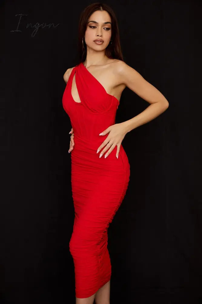 Ingvn - Summer Midi Mesh Dress Bodycon One Shoulder Draped Dress Women Night Party Dress Elegant Vestidos Stretchy High Quality