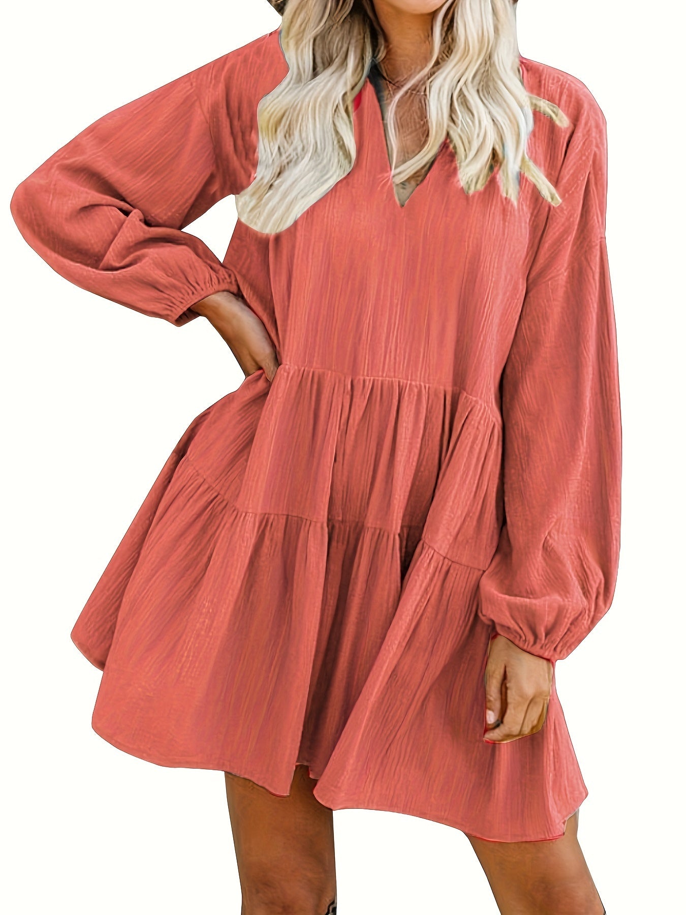 Long Sleeve Solid Color V Neck Loose Babydoll Dress, Casual Ruffle Hem For Spring & Fall, Women's Clothing