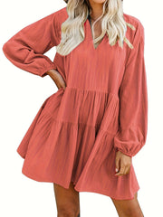 Long Sleeve Solid Color V Neck Loose Babydoll Dress, Casual Ruffle Hem For Spring & Fall, Women's Clothing