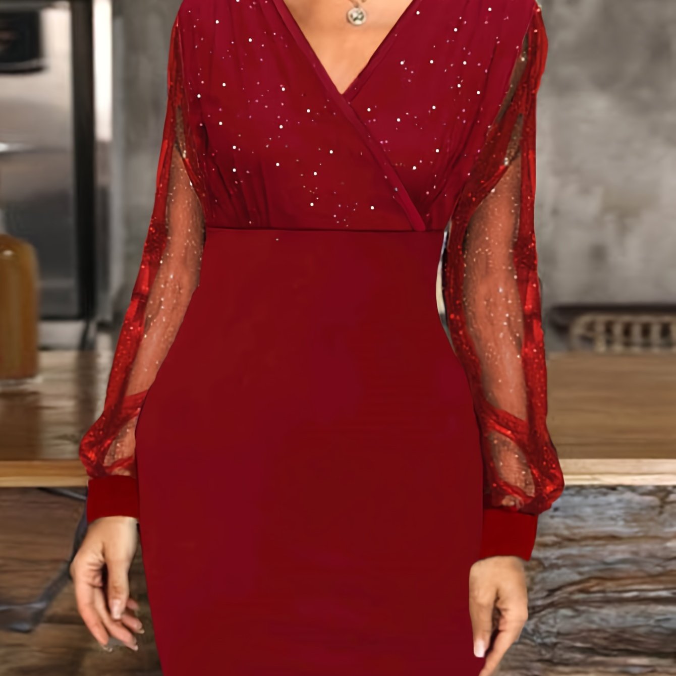 Solid Sequin Stitching Lace Long Sleeve Dress, Elegant Mesh Slim Sexy Party Dress, Women's Clothing
