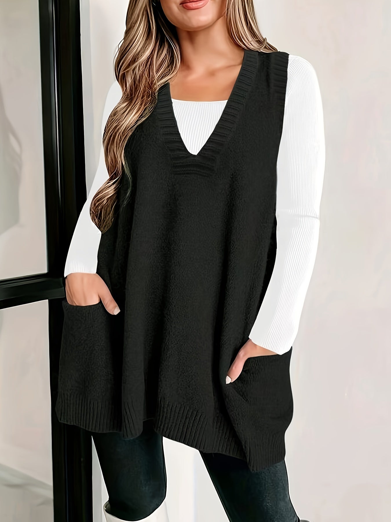 2024 Spring/Fall New Arrival V-Neck Knitted Vest with Pockets, Casual Large Size Pullover Cardigan, Solid Color, Polyester, No Bra Pad, for Casual Outings