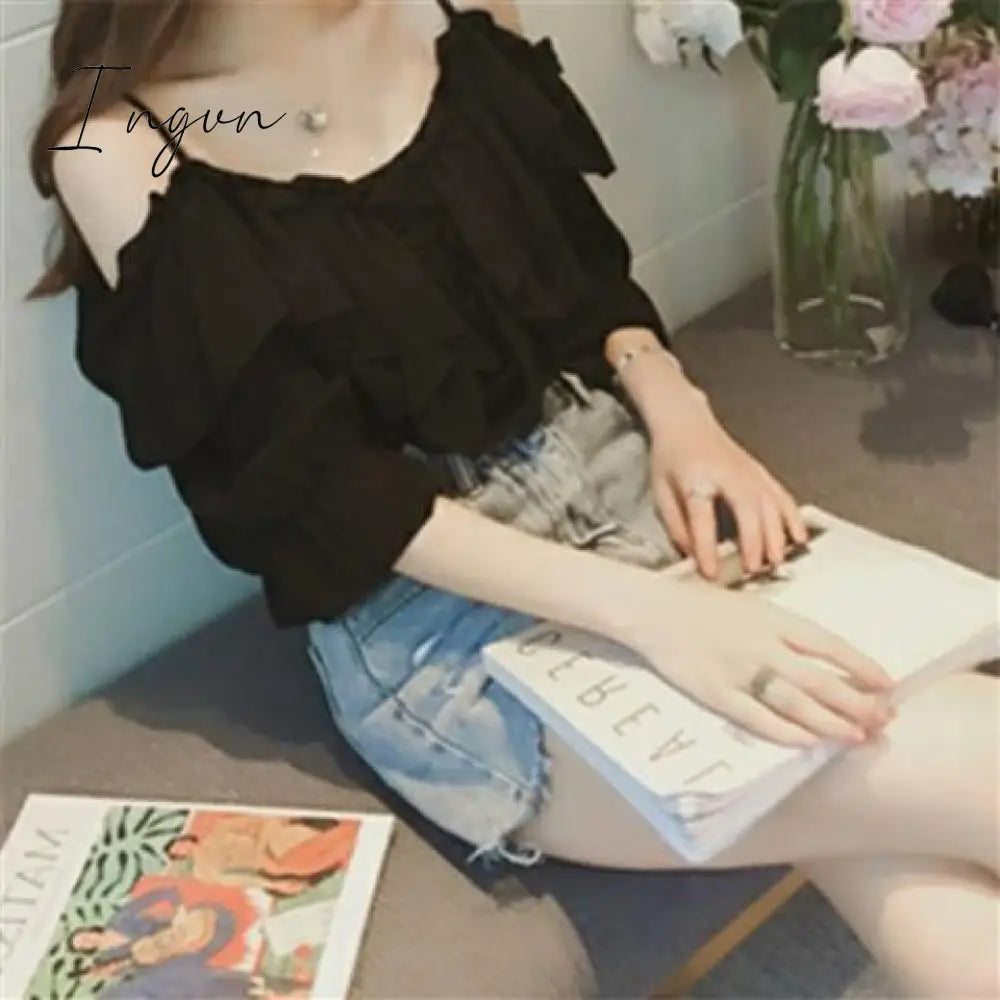 Ingvn - Ruffle Youth Elegant Blouses Tops Women Fashion Low Cut Blouse Summer Chiffon Shirt Pretty Bebeautiful Clothes