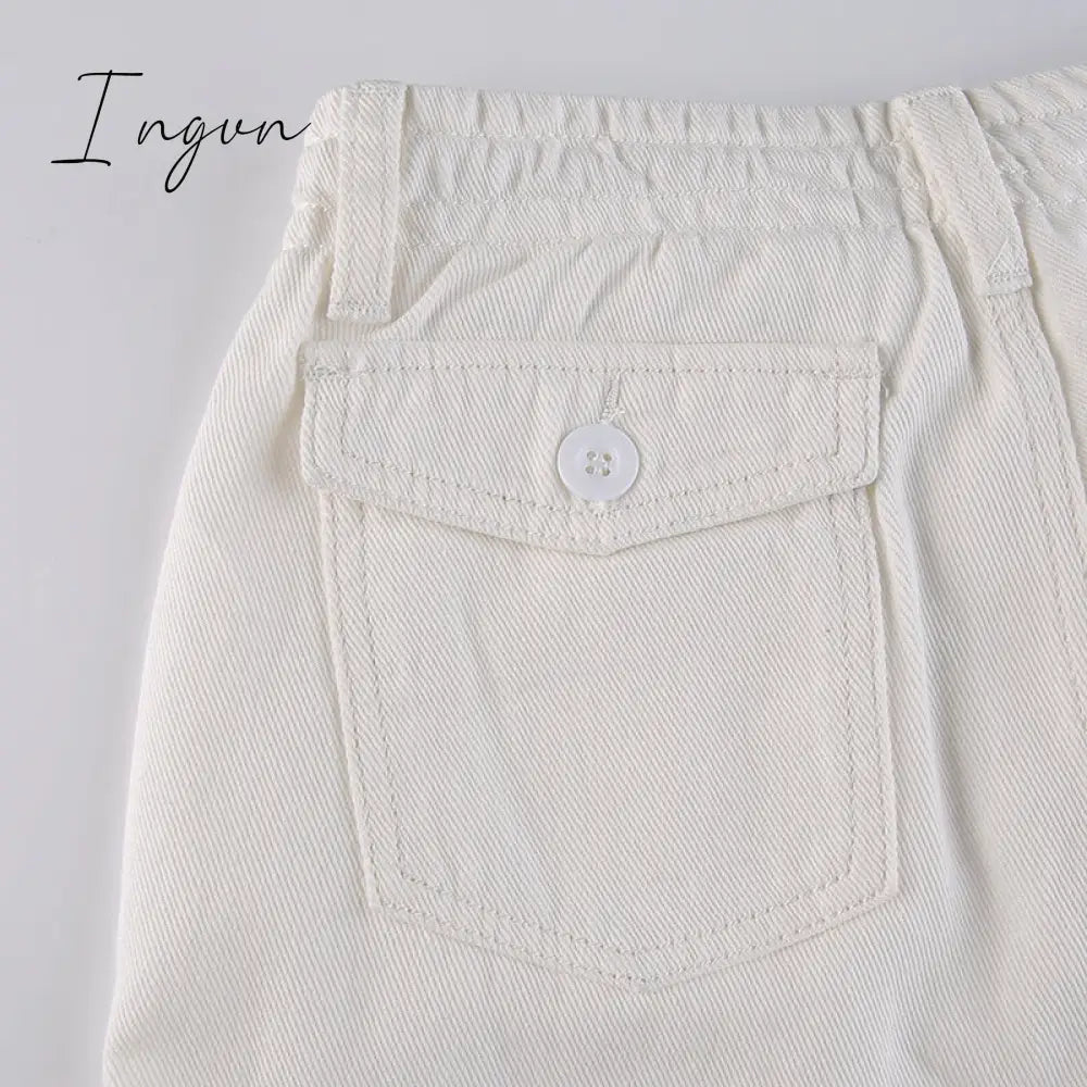 Ingvn - Women Spring Fashion Multi Pockets White Cargo Pants Women Adjustable Low Waist Baggy Wide Leg Jeans Oversized Casual Trousers Retro Bottoms Iamhotty