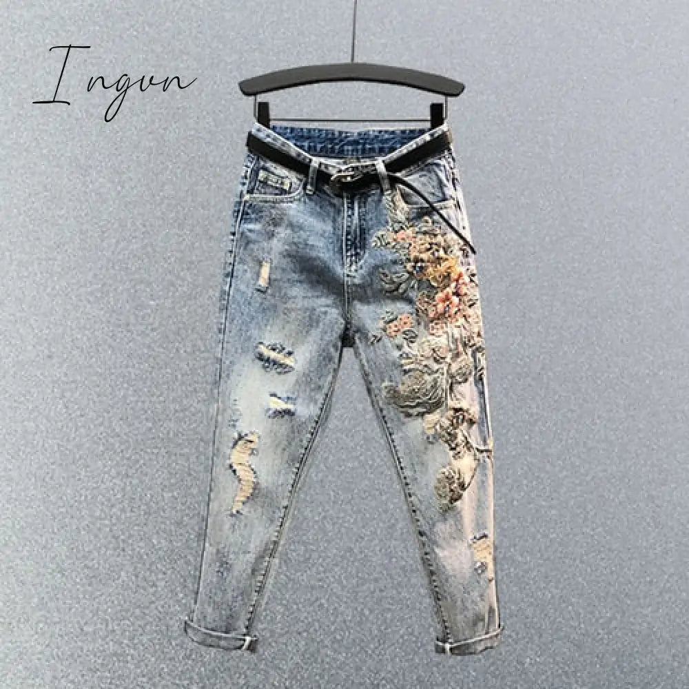 Ingvn - Embroidered High Waist Jeans Women's Summer Heavy Industry Beads Loose Slimming Holes Harem Pants Cropped Baggy Denim Pants