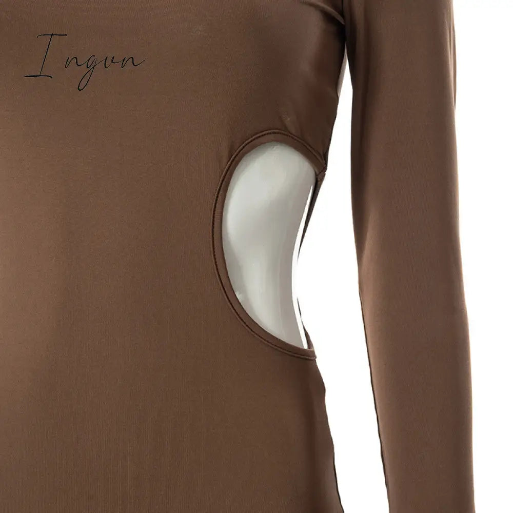 Ingvn - Long Sleeve One Shoulder Sexy Maxi Dress For Women Elegant Cut Out Party Prom Evening Bodycon Long Dresses Fall White Brown