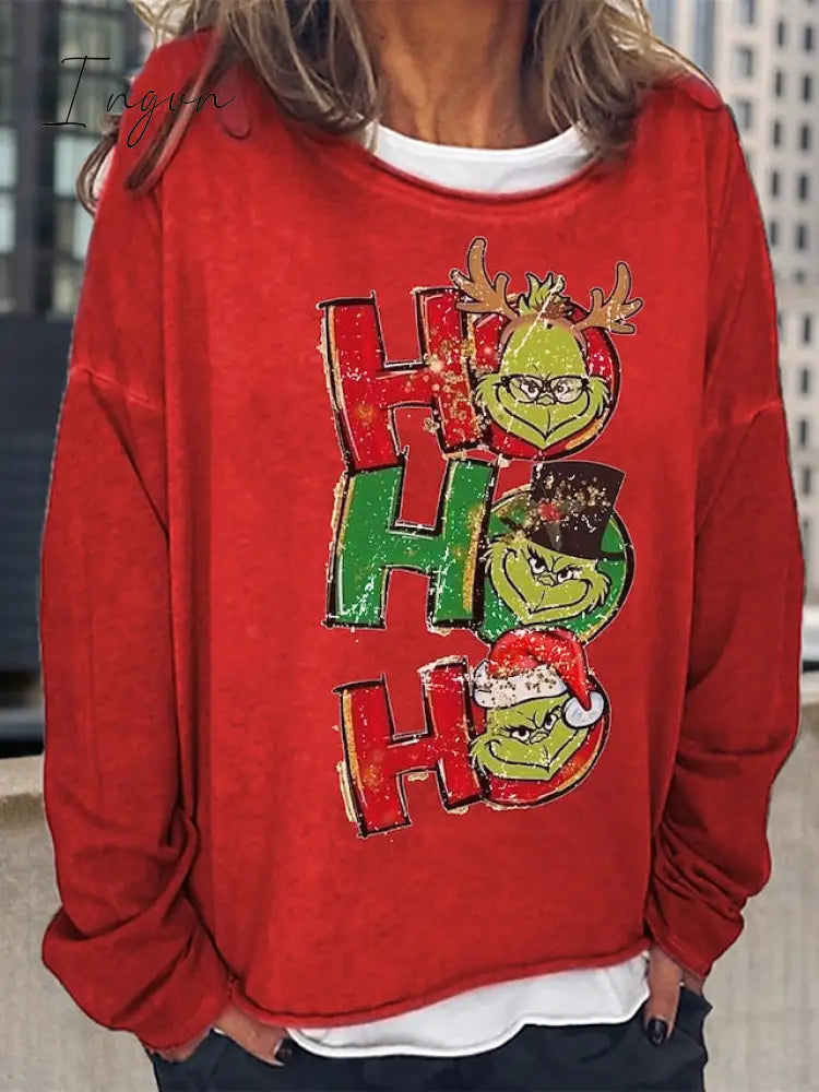 Ingvn - Women's Sweatshirt Pullover Streetwear Black Yellow Red Graphic Loose Fit Christmas Round Neck Long Sleeve