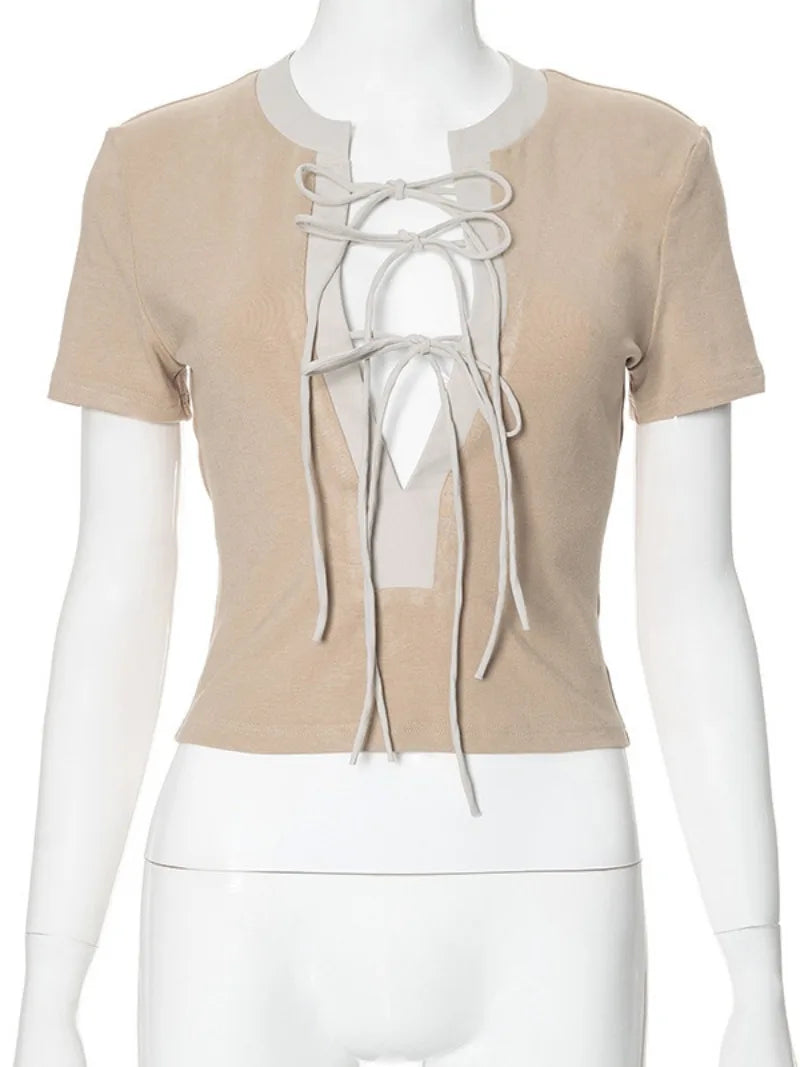 Ingvn  Fashion Short Sleeve Bandage T-shirt  Woman Clothes O-neck Lace-up Slim Crop Top Streetwear Female Coffee Contrast Color Tee