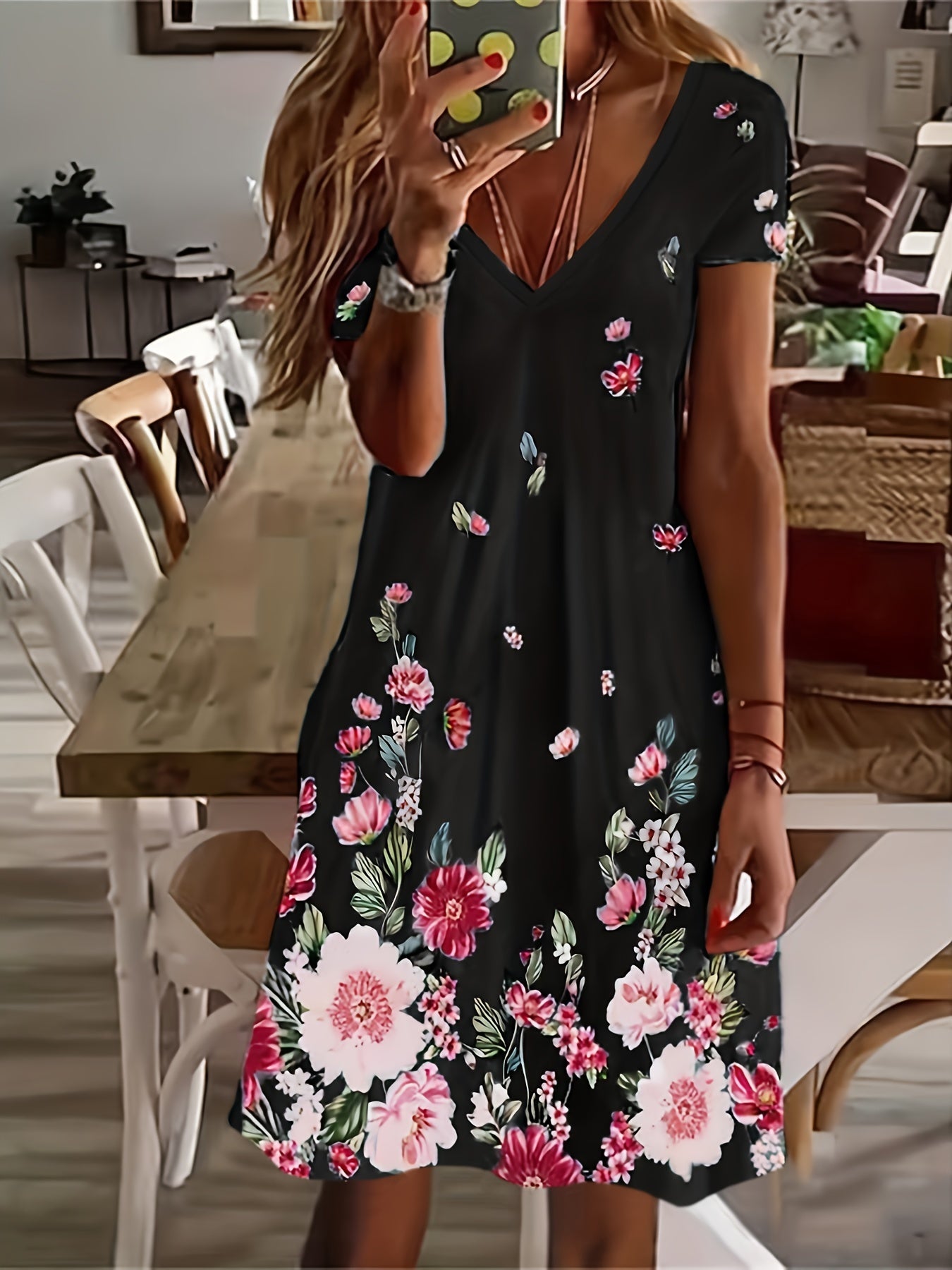 Chic Ditsy Floral Knee-High Dress – V-neck, All-Season Casual Wear, Easy-Care Polyester Lining, Mid Elasticity Fabric