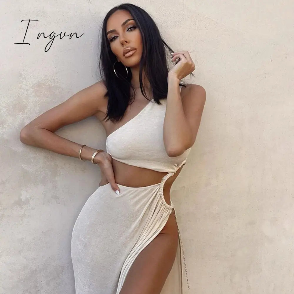 Ingvn - Fashion White Elegant Maxi Dress Summer Women Sexy One Shoulder Split Long Dress Female Fashion Cut Out Club Party Dress Beachwear