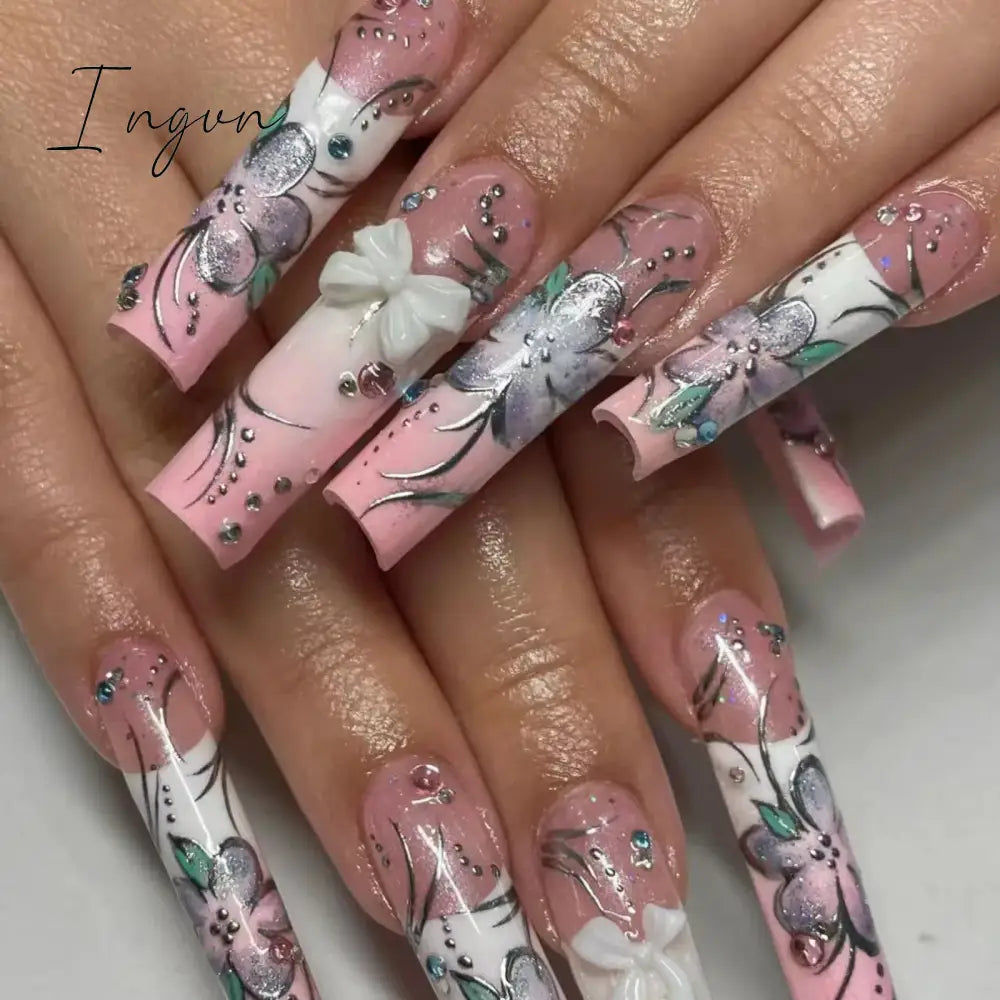24pcs French rhinstones artifical nails with glue full cover false nails detachable coffin fake nail bling press on nails