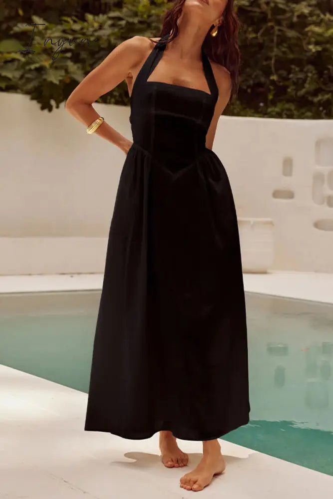 Ingvn - Sexy Solid Pocket Fold Halter Sleeveless Dresses