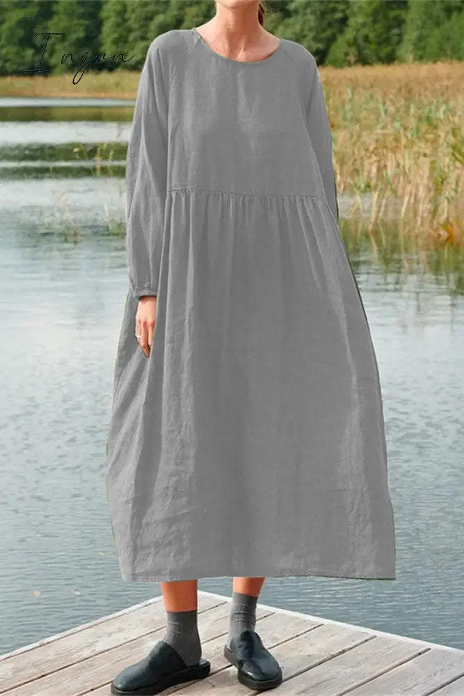 Ingvn - Casual Simplicity Solid O Neck Long Sleeve Dresses