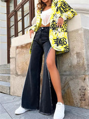 Ingvn - High Waisted Side Split Out Jeans Women Casual Loose Cargo Black Pants Streetwear Summer Wide Leg Long Baggy Y2k Jeans