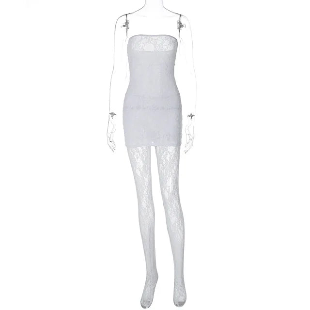 Lace Tights Women's Outfits Sexy Strapless Wrap Dress 2 Piece Sets Party Nightwear Leggings See-Through Sheer Lingerie