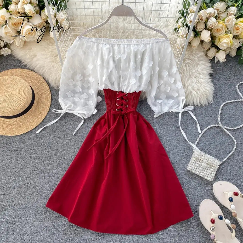 Ingvn - New Fashion Sexy Off Shoulder patchwork Summer Short Dress Party flower chiffon Slim waist lace up Women casual A-Line beach dress