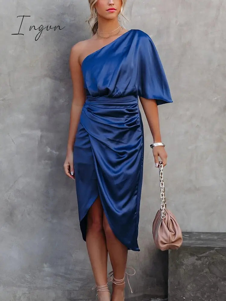 Ingvn - Sexy Party Satin Silk Autumn Winter Dress For Women Short Sleeve One Shoulder High Split Bandage Long Dresses Summer New
