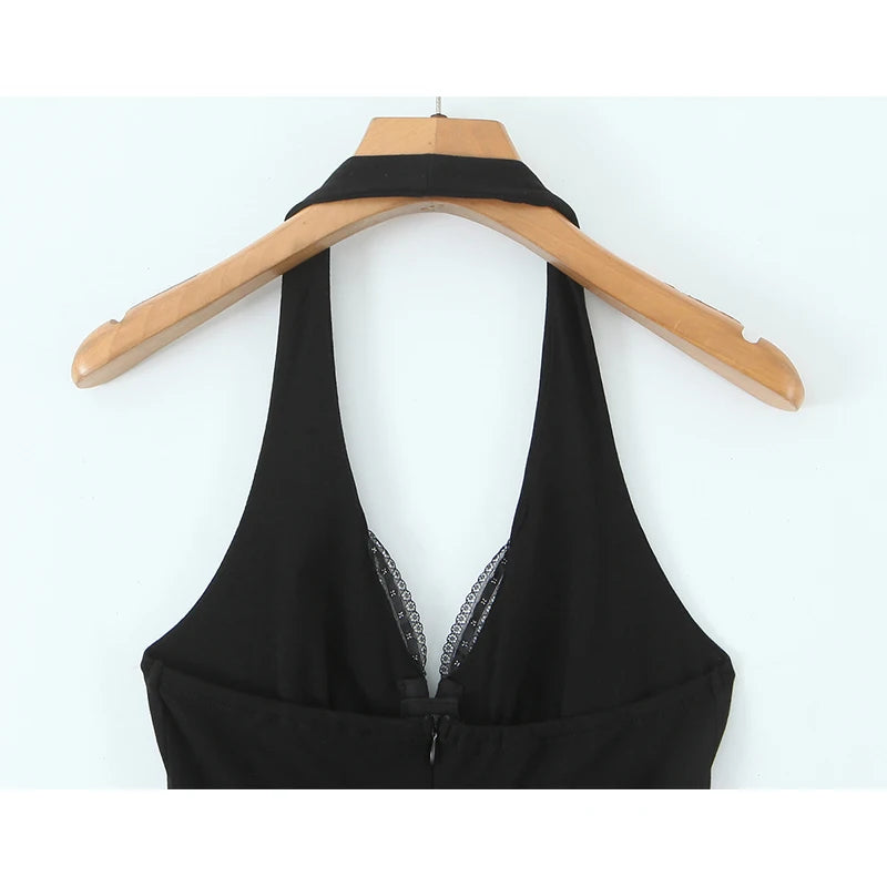 French Style Retro Spicy Girl Halter Mini Black Dress Women Fashion Backless Lace Spliced Bow Sexy Dresses Summer Robe