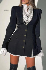 Elegant Blazer Dress Autumn Women Single Breasted Patchwork 2 Piece Set A Line Party Ol Shirt Dress