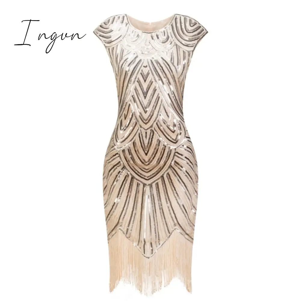 Ingvn - 1920s Flapper Dress Great Gatsby Dress O-Neck Cap Sleeve Sequin Fringe Party Midi Dress Vestido De Verano Summer Women Dress