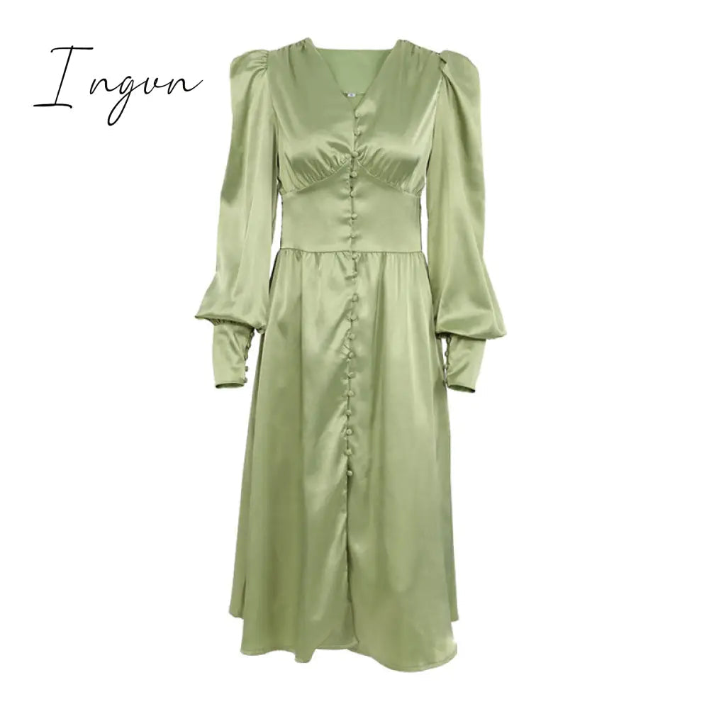 Ingvn - Elegant spring satin bishop sleeve a-line dress women V-neck high waist button dress solid Vintage long dresses chic