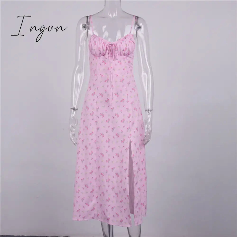 Ingvn - Wine Floral Dress Women Prairie Chic Spaghetti Straps Backless Chest Draped Lace Up Side Split Sexy Long Dresses