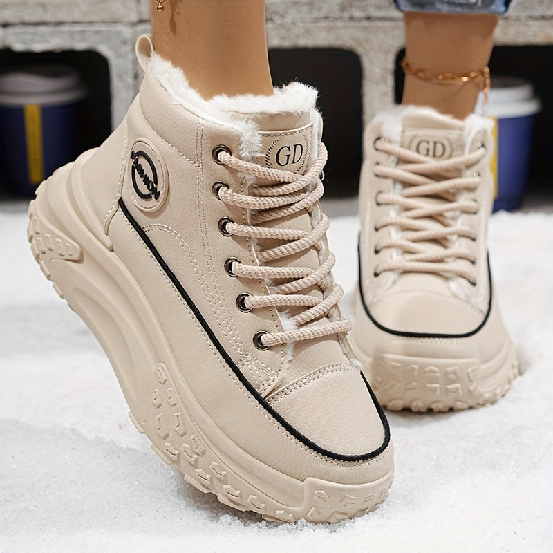 Cozy & Stylish Women's High-Top Sneakers - Plush Lined, Thick Sole, Warm Winter Booties with Lace-Up Closure