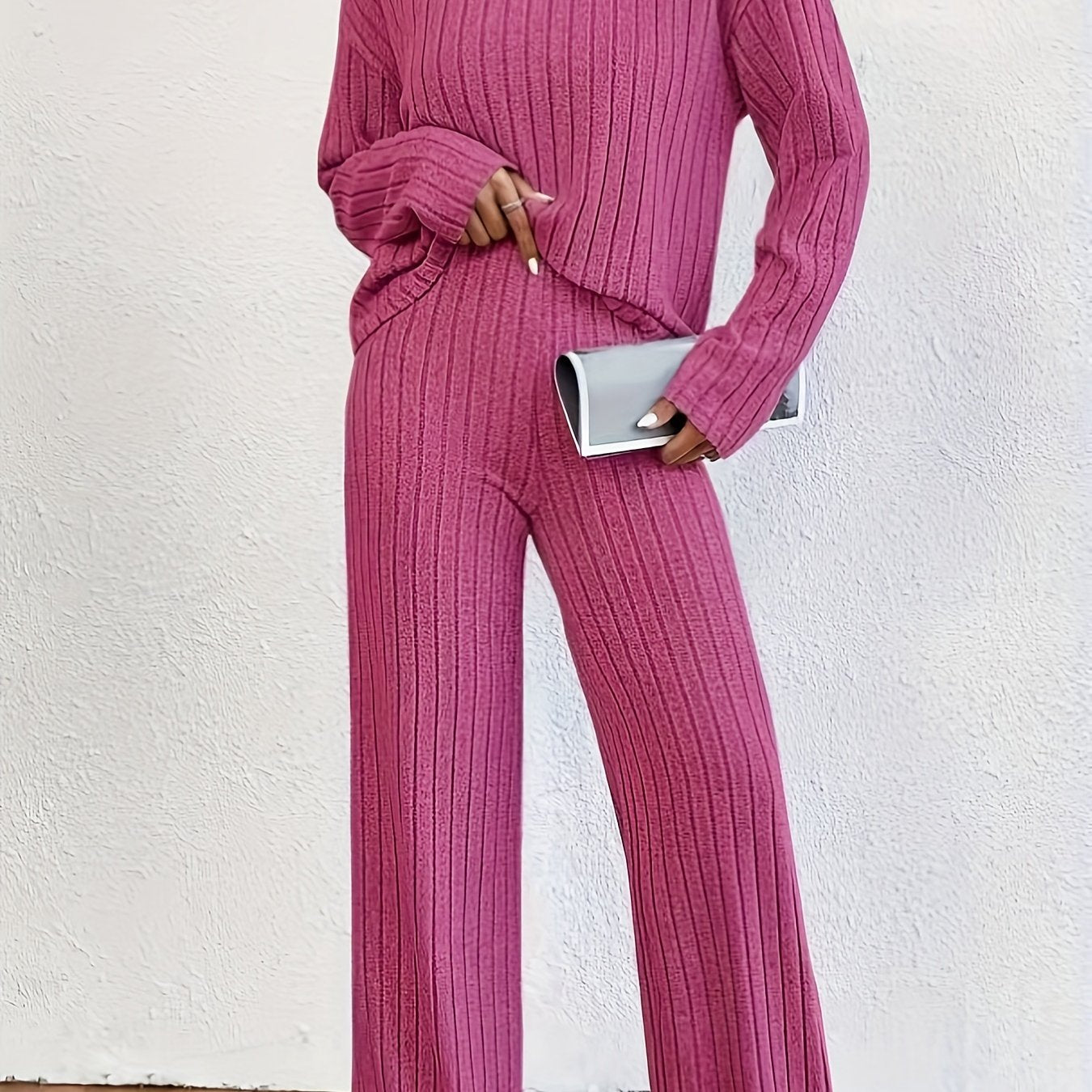 Solid Ribbed Two-piece Set, Casual Mock Neck T-shirt & Wide Leg Pants Outfits, Women's Clothing
