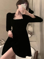 French Velvet Party Dress for Women Vintage Puff Sleeve A-Line Vestidos Robe Female One Piece Mini Birthday Evening Dresses New
