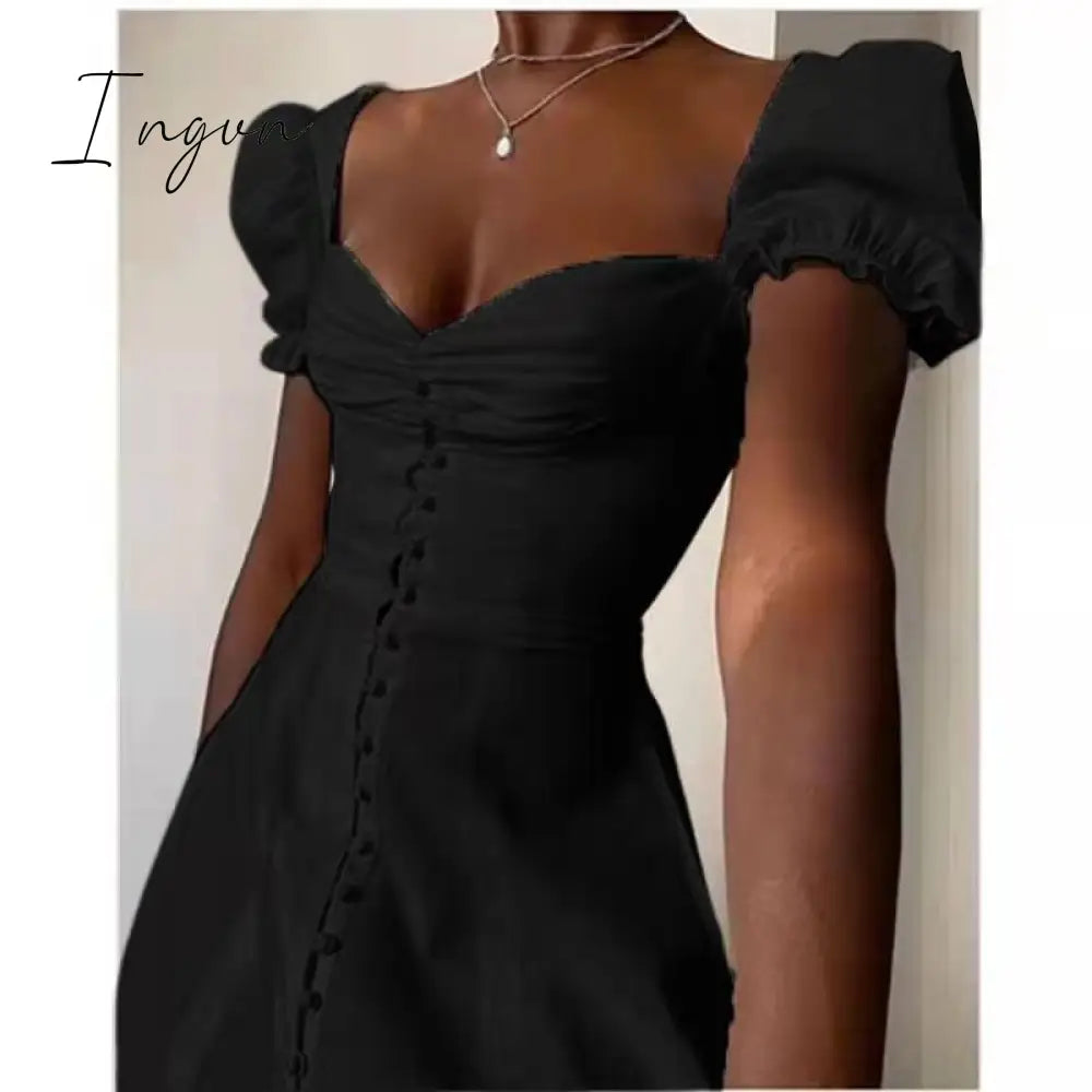 Ingvn - Vintage Solid Button Midi Dress Sexy Party Club Bodycon Strapless High Split Dresses Women Spring Autumn Casual Vestidos