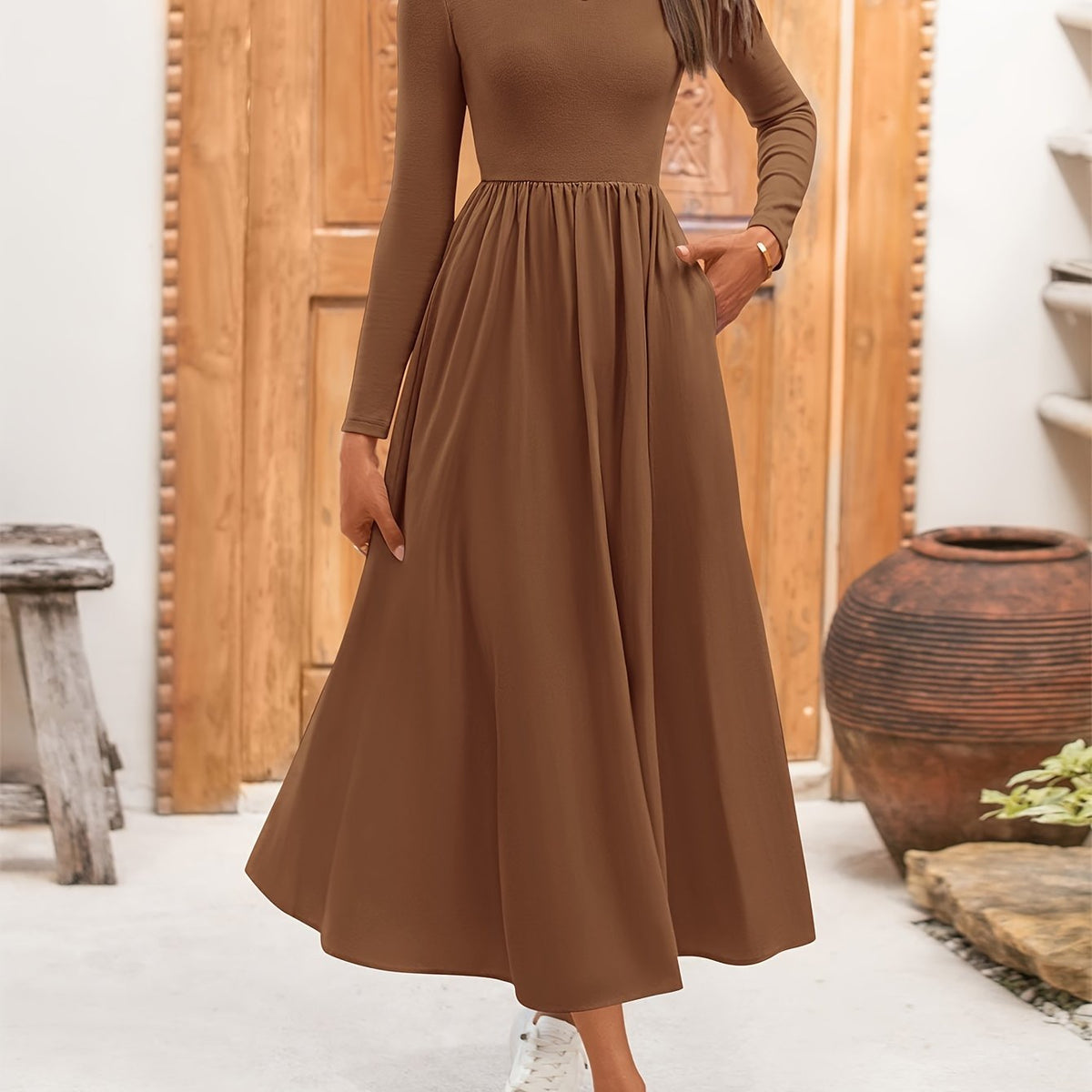 Ladies Casual Long Sleeve Wedding Guest Dress Fall Dress Elegant Bohemian Style Flowing Mid-length Dress With Pockets