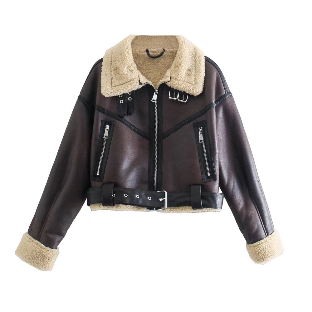 Woman's Fashion Thick Warm Faux Shearling Jacket Coat Vintage Long Sleeve Belt Hem Female Outerwear Chic Tops