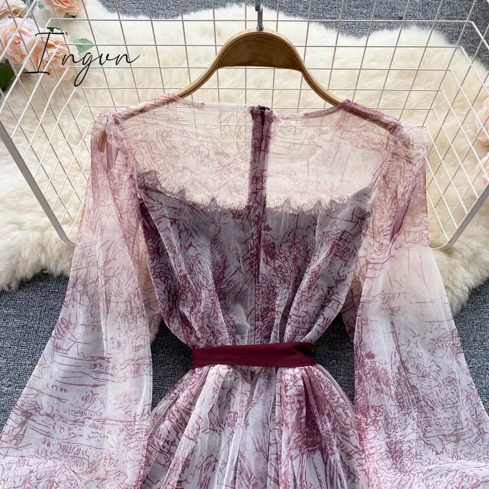 Ingvn - Elegant Women Mesh Dress Vintage Lantern Sleeves Printed Party Dresses Spring Summer Patchwork A Line Bandage Beach Dress