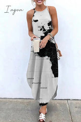 Ingvn - Casual Print Basic O Neck Long Dress Dresses