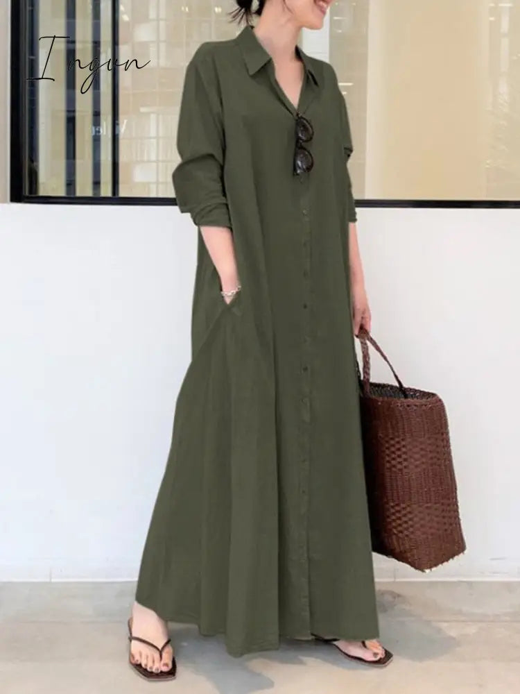 Ingvn - Summer New Dress Fashion Cotton Linen Striped Cardigan Loose Large Casual Temperament Commuter Irregular Women's Long Dress tops