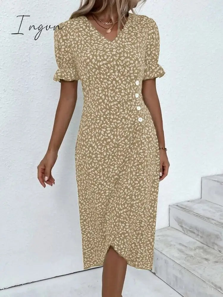 Ingvn - Women's Casual Dress Wrap Dress Floral Dress Floral Button Print V Neck Midi Dress Fashion Classic Daily Holiday Short Sleeve Regular Fit Black Dark Red Yellow Summer Spring S M L XL XXL