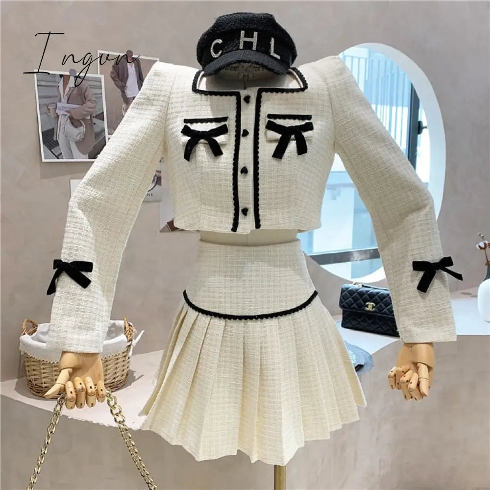 Ingvn - Small Fragrance Tweed 2 Piece Set Women Bow Short Jacket Coat + Skirt Suits Korean Sweet Outfits French Vintage Two Piece Sets