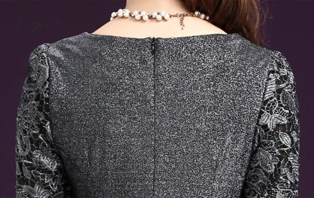 Ingvn - Women Sexy Dress autumn Elegant Women Winter 3/4 Sleeve Knee Length Vintage Ol Work Wear Bodycon Lace Crochet Dresses 4XL