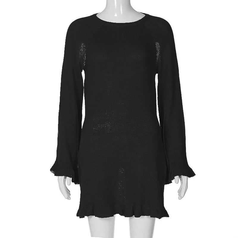 Ingvn  Fashion Casual Lace-up Backless Long Sleeve Sweater Dress Women's Autumn Hollow Out Knitting Short Holiday Party White Dresses